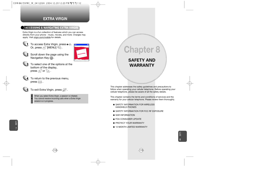 UTStarcom CDM-8615 manual Safety Warranty, Extra Virgin 