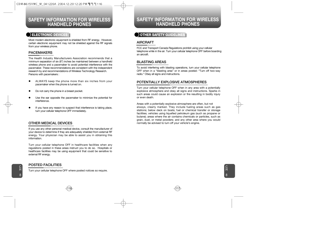 UTStarcom CDM-8615 manual Pacemakers, Other Medical Devices, Posted Facilities Aircraft, Blasting Areas 