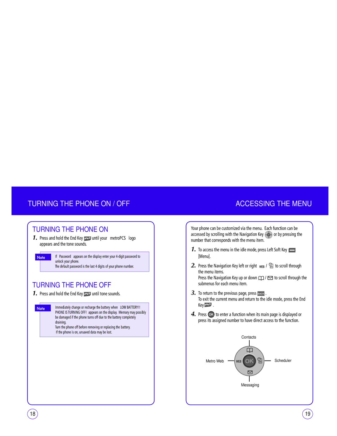 UTStarcom CDM1450 manual Turning the Phone on / OFF, Accessing the Menu, Turning the Phone OFF 