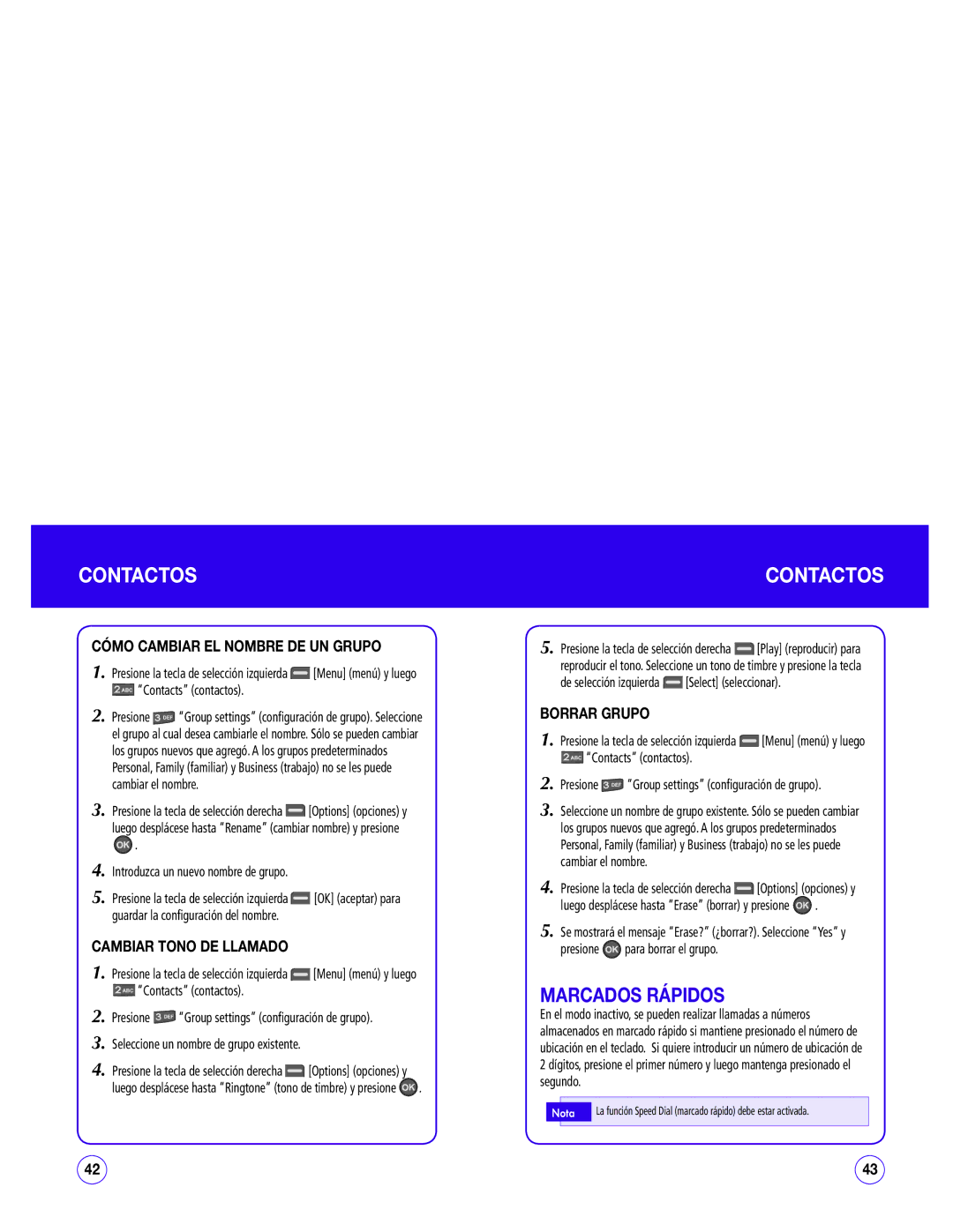 UTStarcom CDM1450 manual Marcados Rápidos, Cómo Cambiar EL Nombre DE UN Grupo, Cambiar Tono DE Llamado, Borrar Grupo 