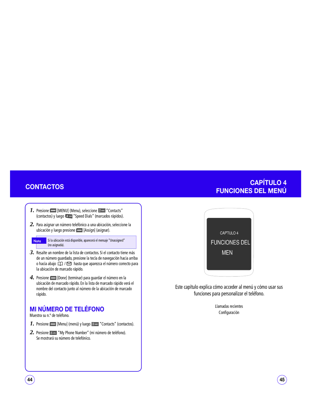 UTStarcom CDM1450 manual Capítulo Funciones DEL Menú, MI Número DE Teléfono, Llamadas recientes Configuración 