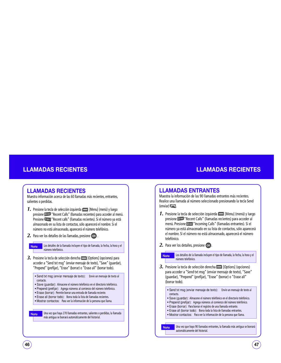 UTStarcom CDM1450 manual Llamadas Recientes, Llamadas Entrantes 