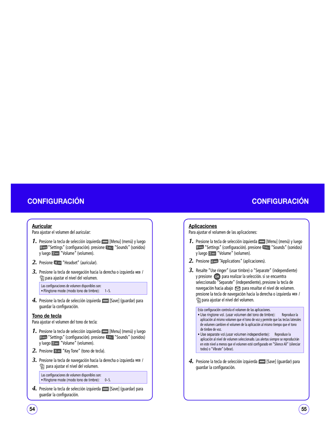 UTStarcom CDM1450 manual Auricular, Tono de tecla, Aplicaciones, Para ajustar el volumen de las aplicaciones 