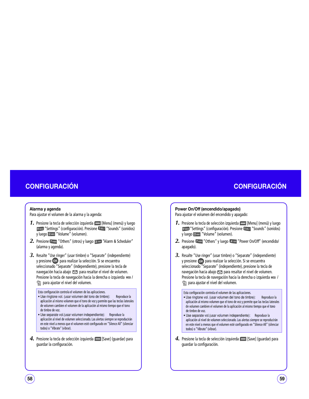 UTStarcom CDM1450 manual Alarma y agenda, Power On/Off encendido/apagado, Para ajustar el volumen del encendido y apagado 