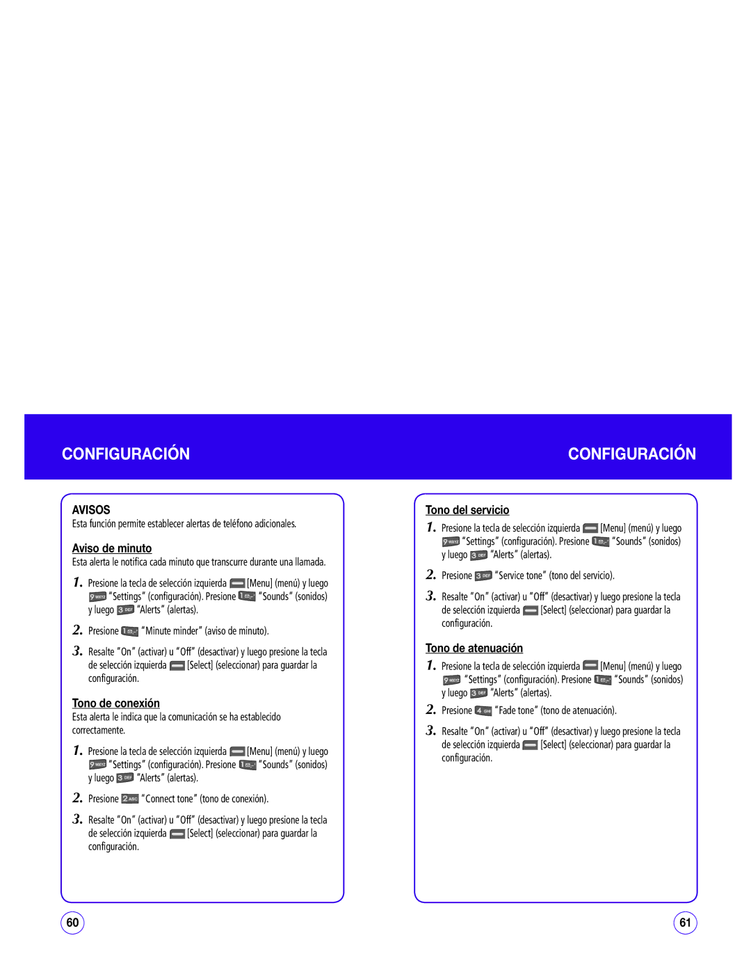 UTStarcom CDM1450 manual Avisos, Aviso de minuto, Tono de conexión, Tono del servicio, Tono de atenuación 