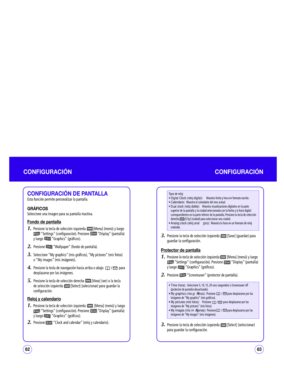 UTStarcom CDM1450 manual Configuración DE Pantalla, Gráficos, Fondo de pantalla, Reloj y calendario, Protector de pantalla 