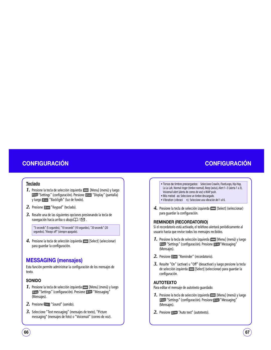 UTStarcom CDM1450 manual Teclado, Sonido, Reminder Recordatorio, Autotexto, Para editar el mensaje de autotexto guardado 