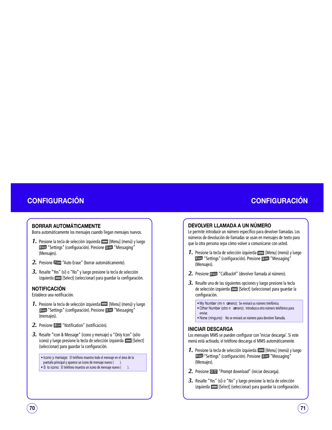 UTStarcom CDM1450 manual Borrar Automáticamente, Notificación, Devolver Llamada a UN Número, Iniciar Descarga 