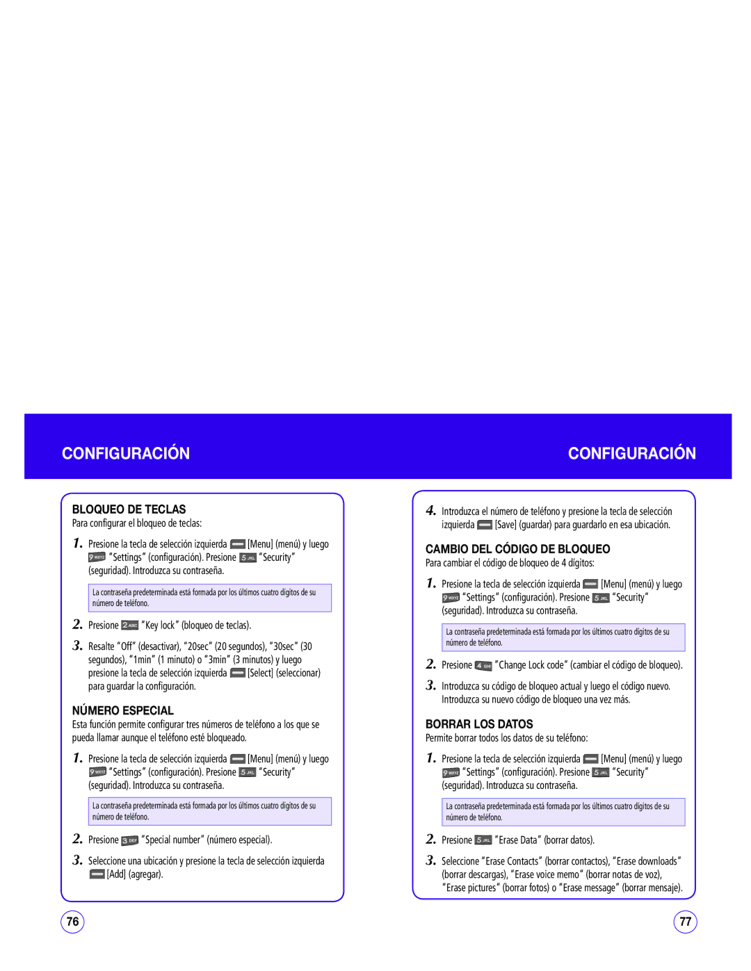 UTStarcom CDM1450 manual Bloqueo DE Teclas, Número Especial, Cambio DEL Código DE Bloqueo, Borrar LOS Datos 