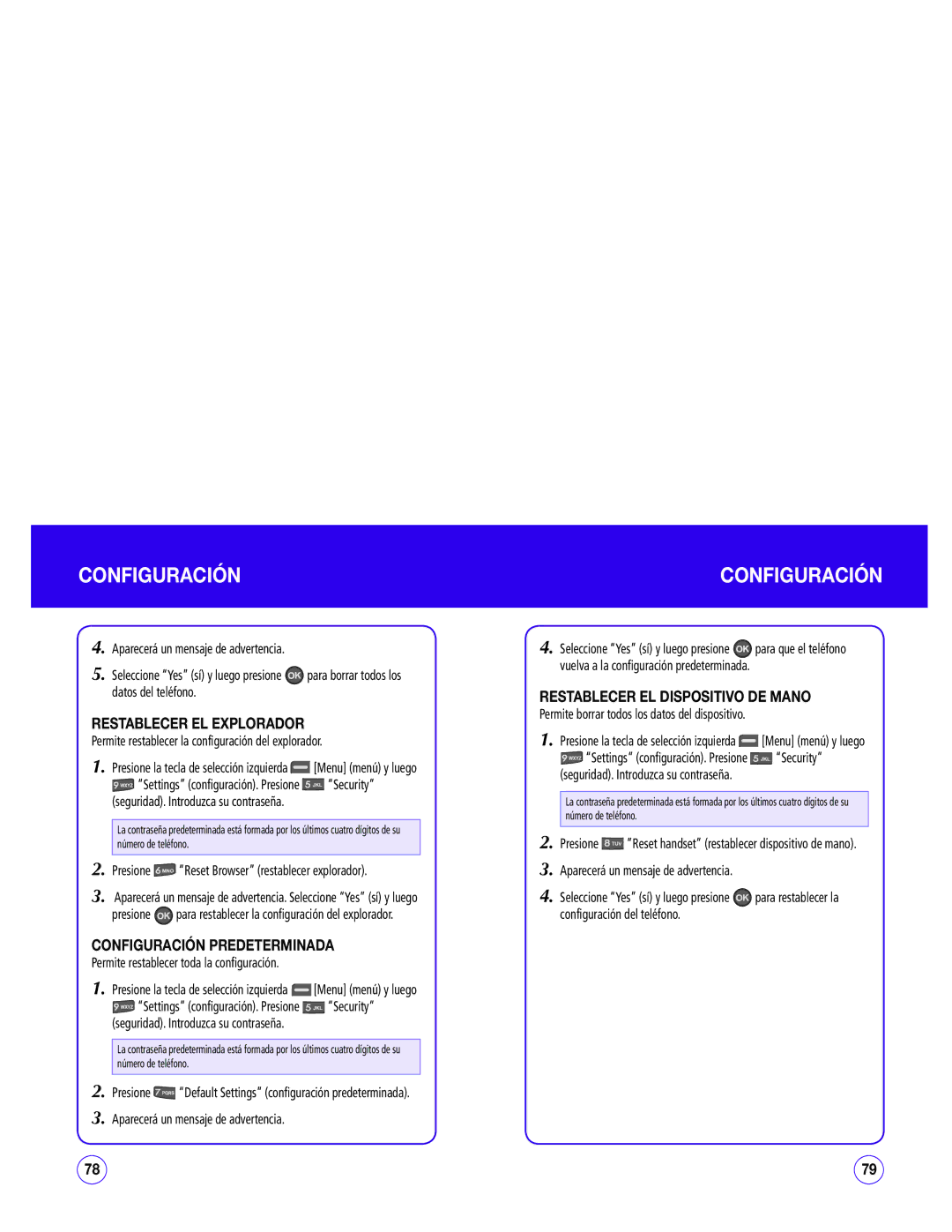 UTStarcom CDM1450 manual Restablecer EL Explorador, Configuración Predeterminada, Restablecer EL Dispositivo DE Mano 