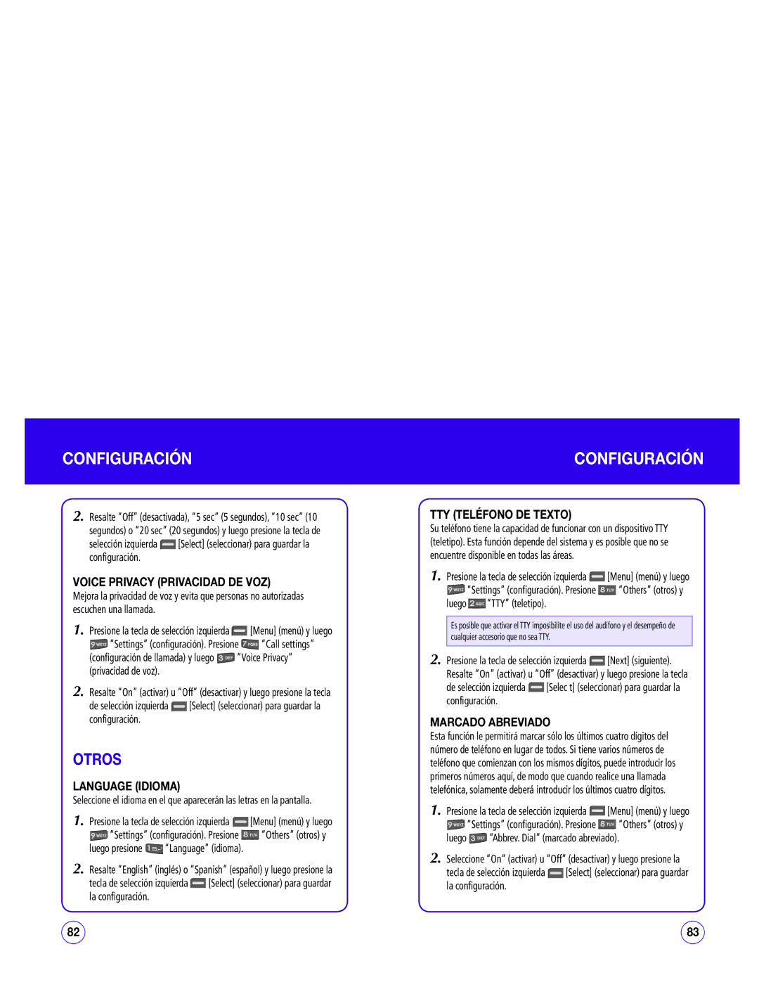 UTStarcom CDM1450 manual Otros, Voice Privacy Privacidad DE VOZ, Language Idioma, TTY Teléfono DE Texto, Marcado Abreviado 