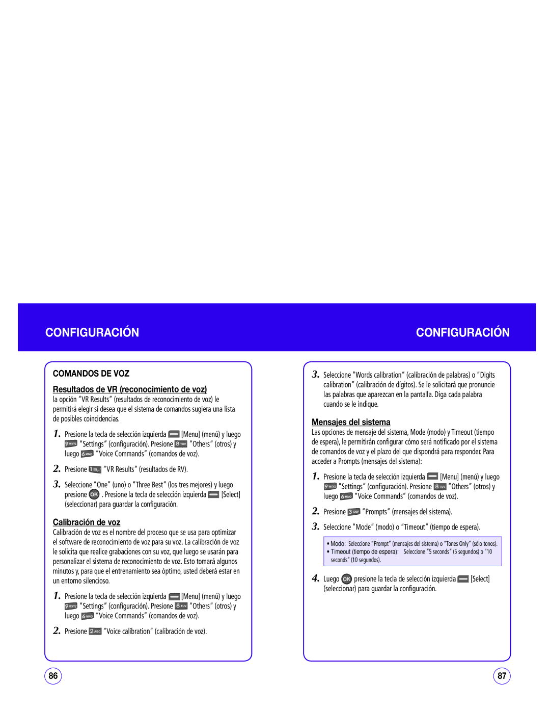 UTStarcom CDM1450 manual Comandos DE VOZ, Resultados de VR reconocimiento de voz, Calibración de voz, Mensajes del sistema 