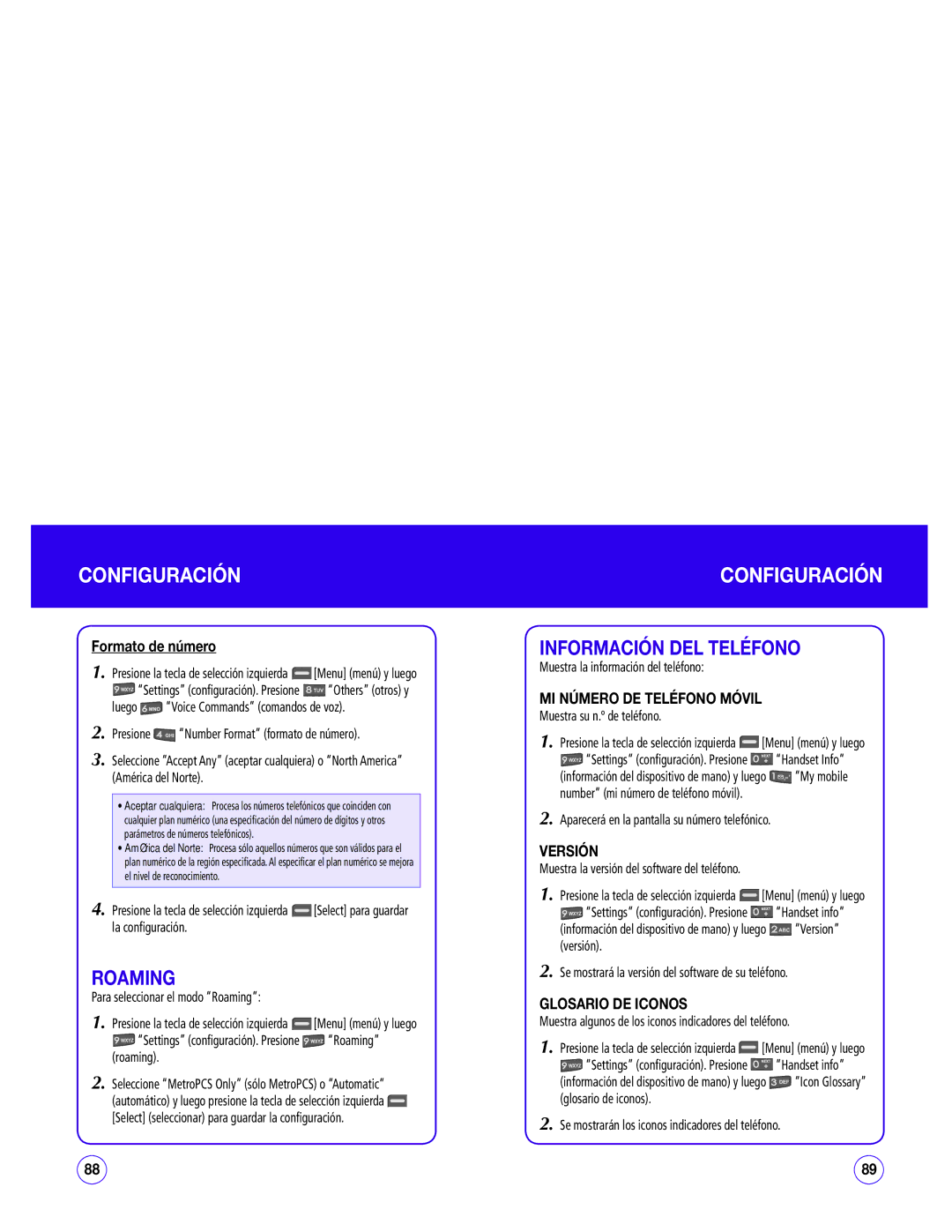 UTStarcom CDM1450 Información DEL Teléfono, Formato de número, MI Número DE Teléfono Móvil, Versión, Glosario DE Iconos 