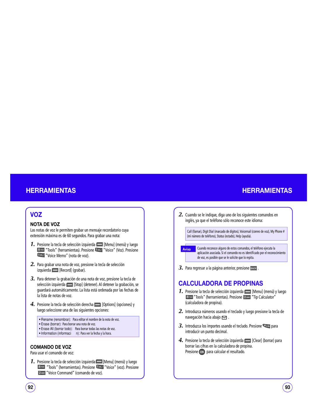 UTStarcom CDM1450 manual Herramientas, Voz, Calculadora DE Propinas, Nota DE VOZ, Comando DE VOZ 