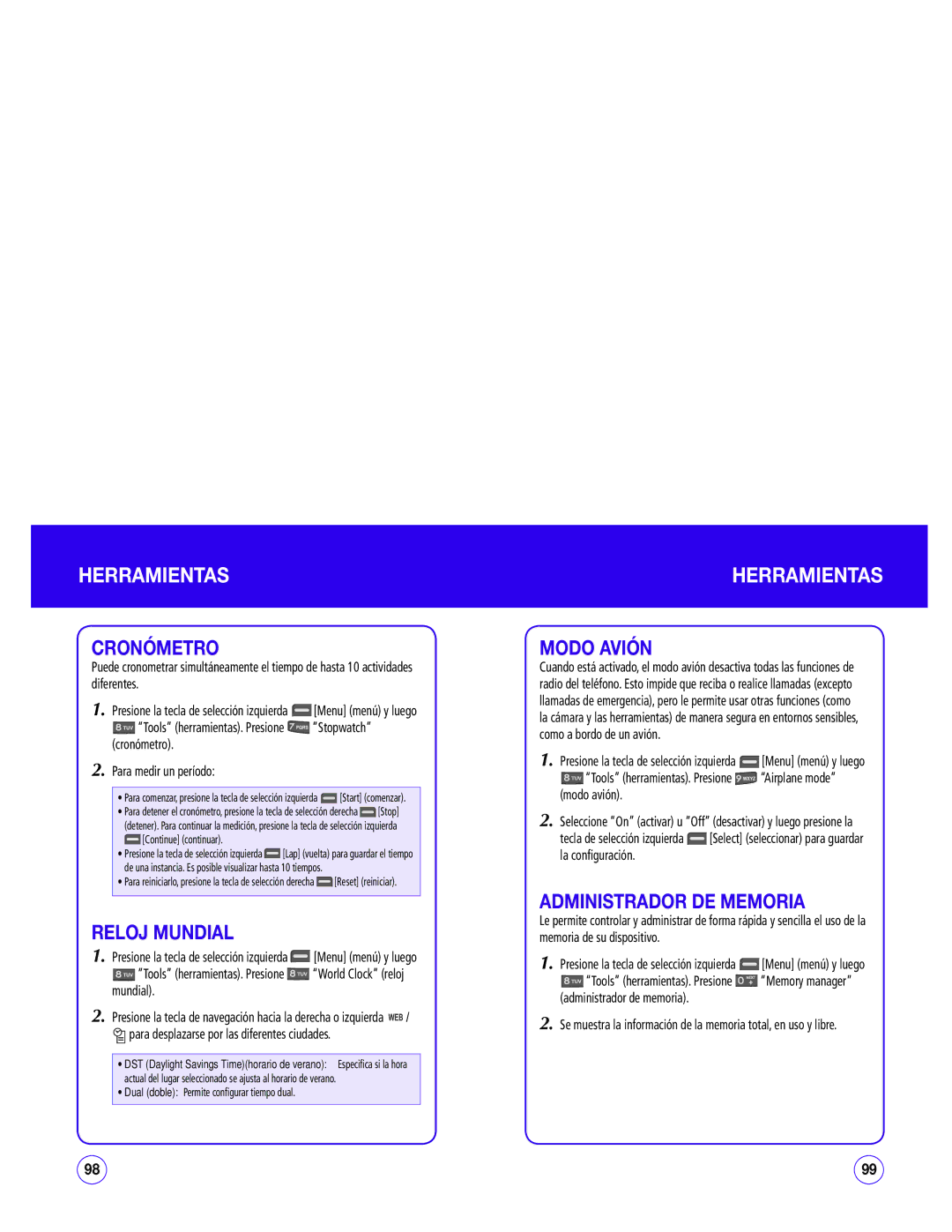 UTStarcom CDM1450 manual Cronómetro, Reloj Mundial, Modo Avión, Administrador DE Memoria 