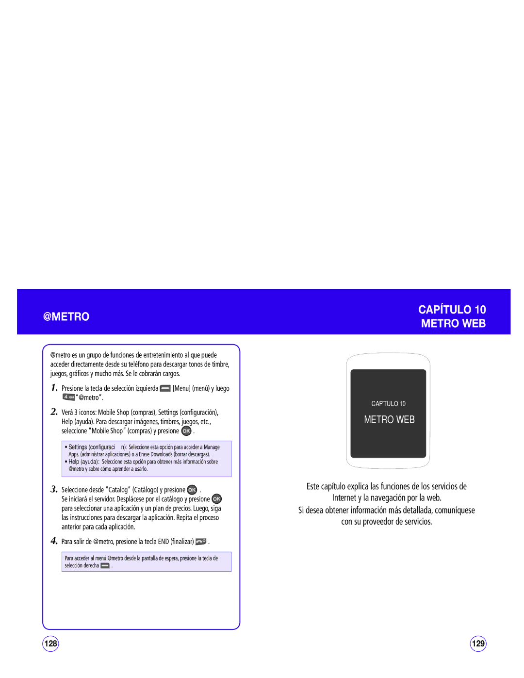 UTStarcom CDM1450 manual Capítulo Metro WEB, Seleccione desde Catalog Catálogo y presione, Selección derecha 