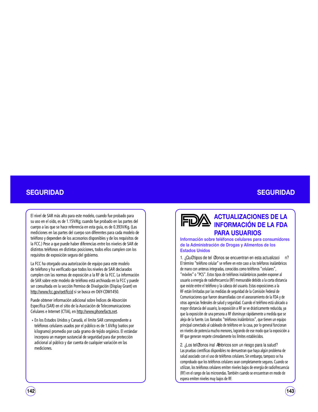 UTStarcom CDM1450 manual Actualizaciones DE LA Información DE LA FDA Para Usuarios 