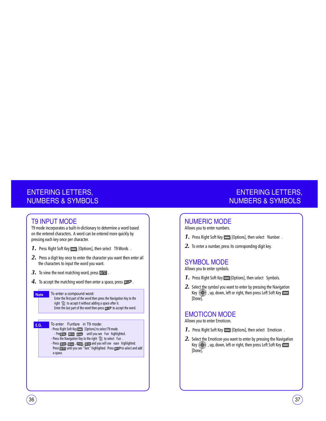 UTStarcom CDM1450 manual T9 Input Mode, Numeric Mode, Symbol Mode, Emoticon Mode 