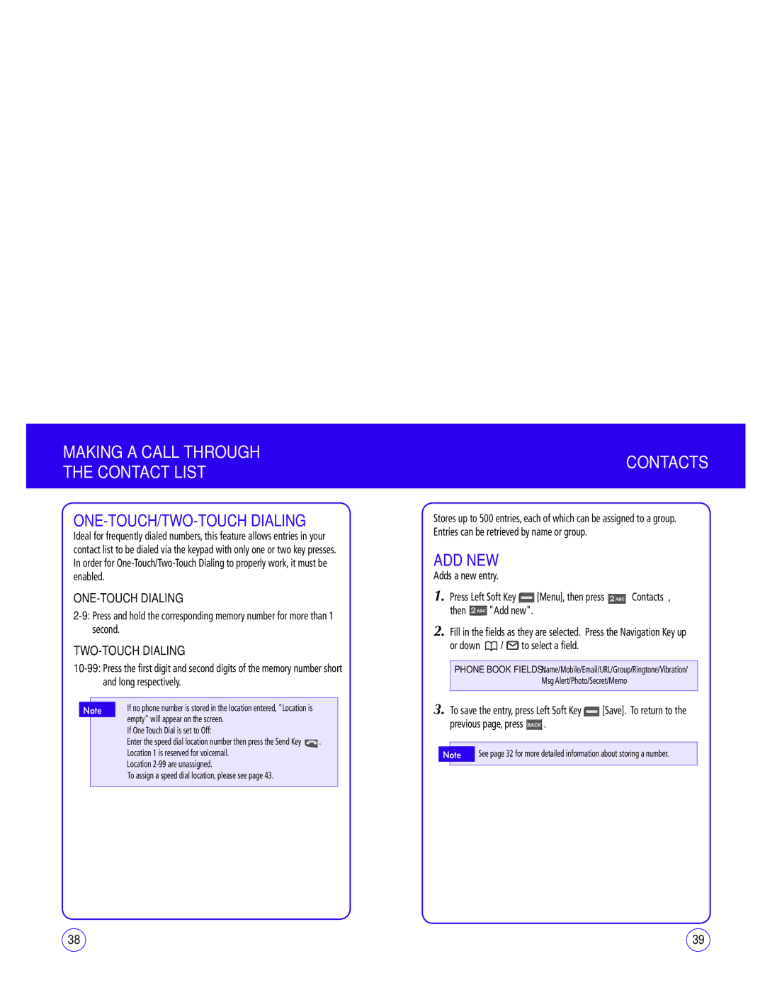 UTStarcom CDM1450 manual Making a Call Through Contact List, Contacts, ONE-TOUCH/TWO-TOUCH Dialing, Add New 