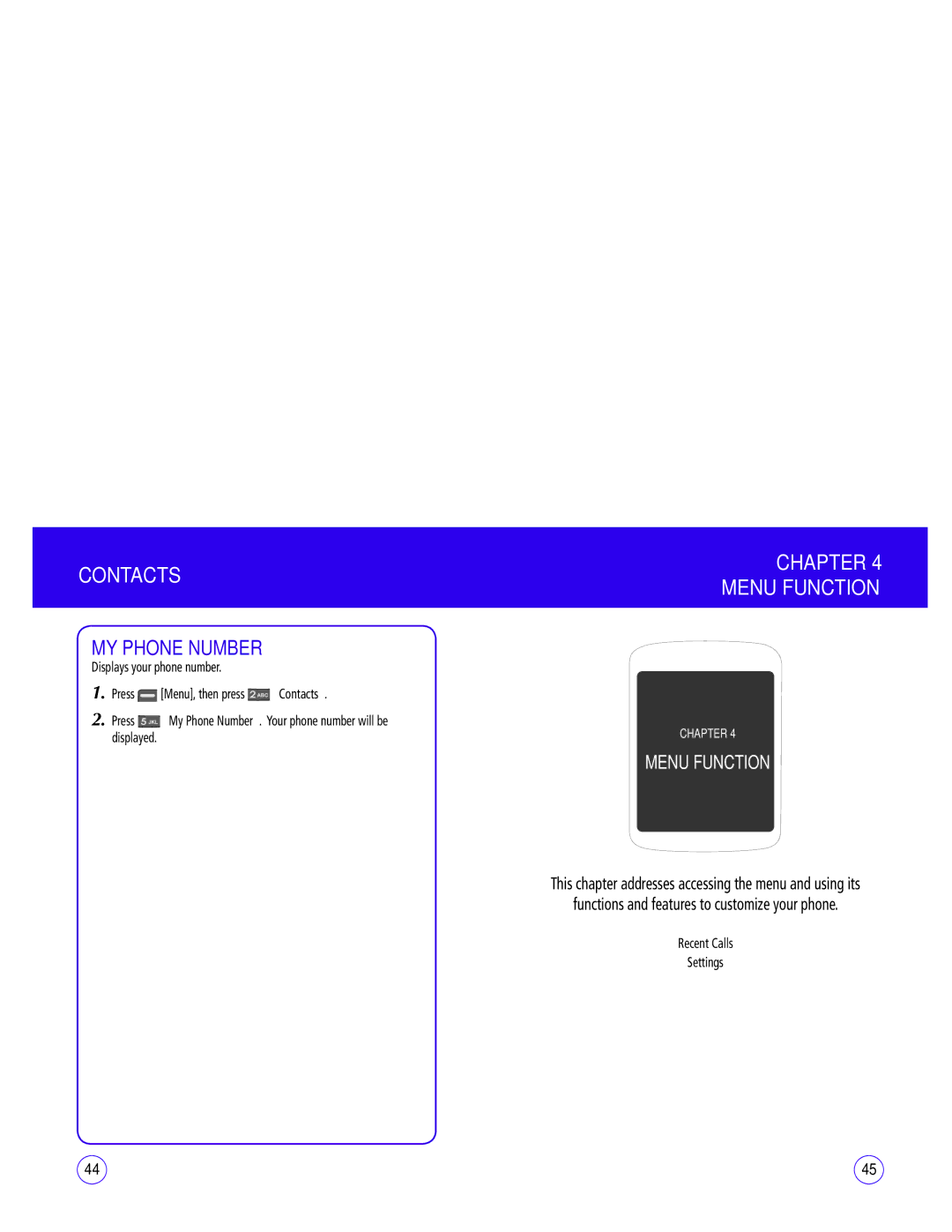 UTStarcom CDM1450 manual Chapter Menu Function, MY Phone Number, This chapter addresses accessing the menu and using its 