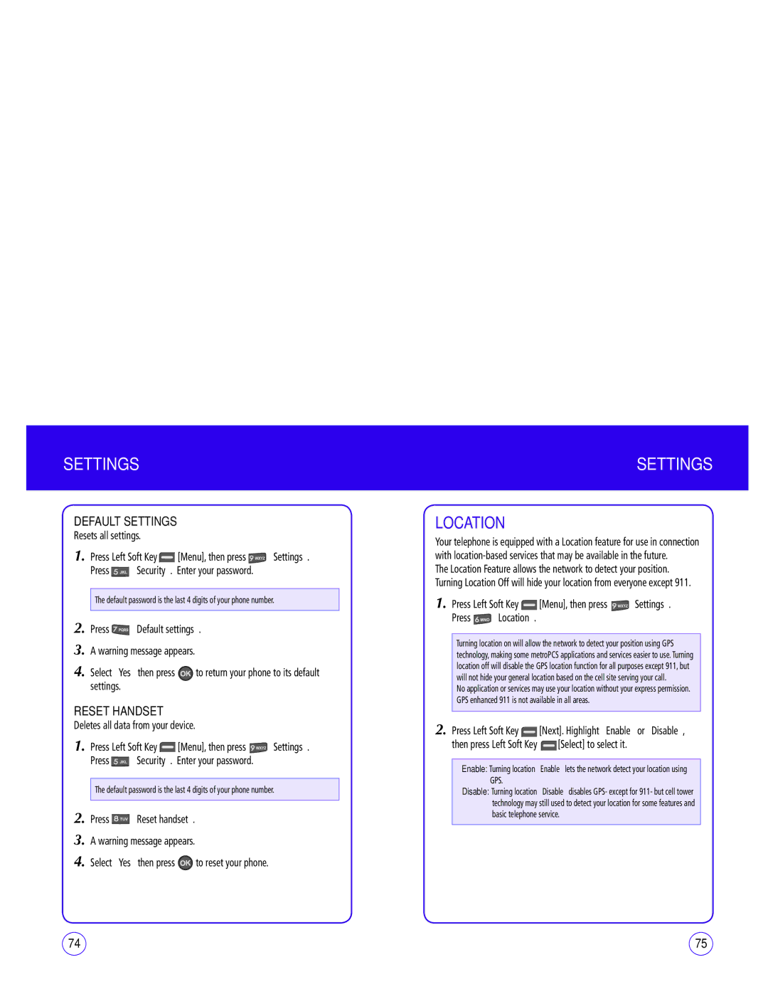 UTStarcom CDM1450 manual Location, Default Settings, Reset Handset, Then press Left Soft Key Select to select it 