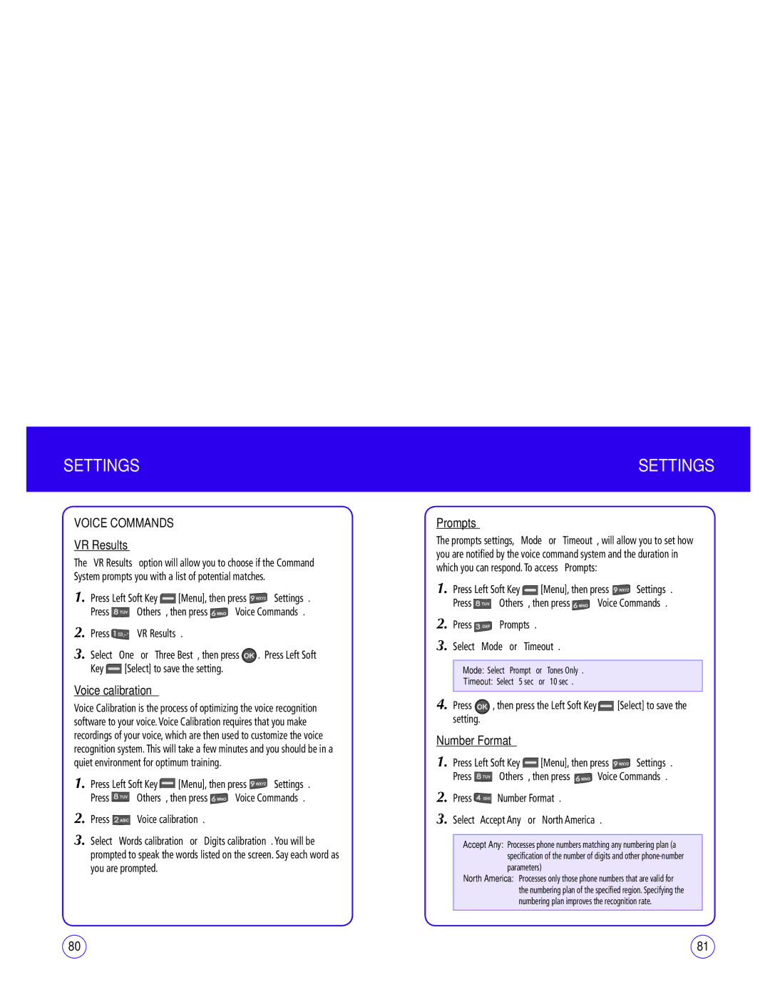 UTStarcom CDM1450 manual Voice Commands, VR Results, Voice calibration, Prompts, Number Format 