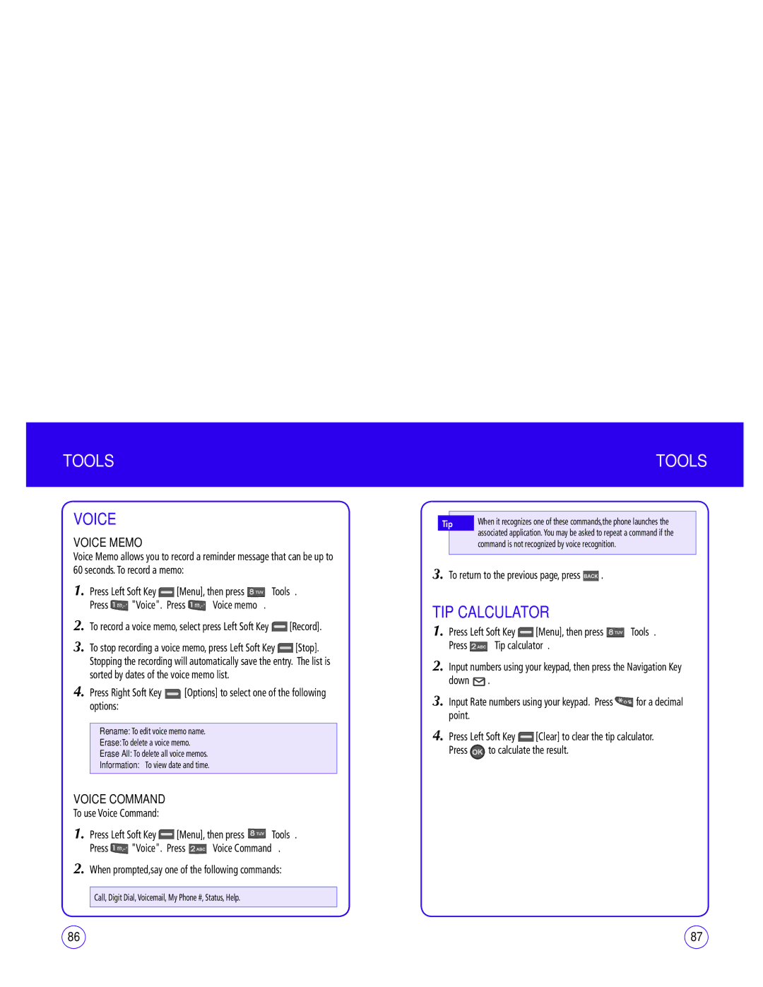 UTStarcom CDM1450 manual Tools, TIP Calculator, Voice Memo, Voice Command 