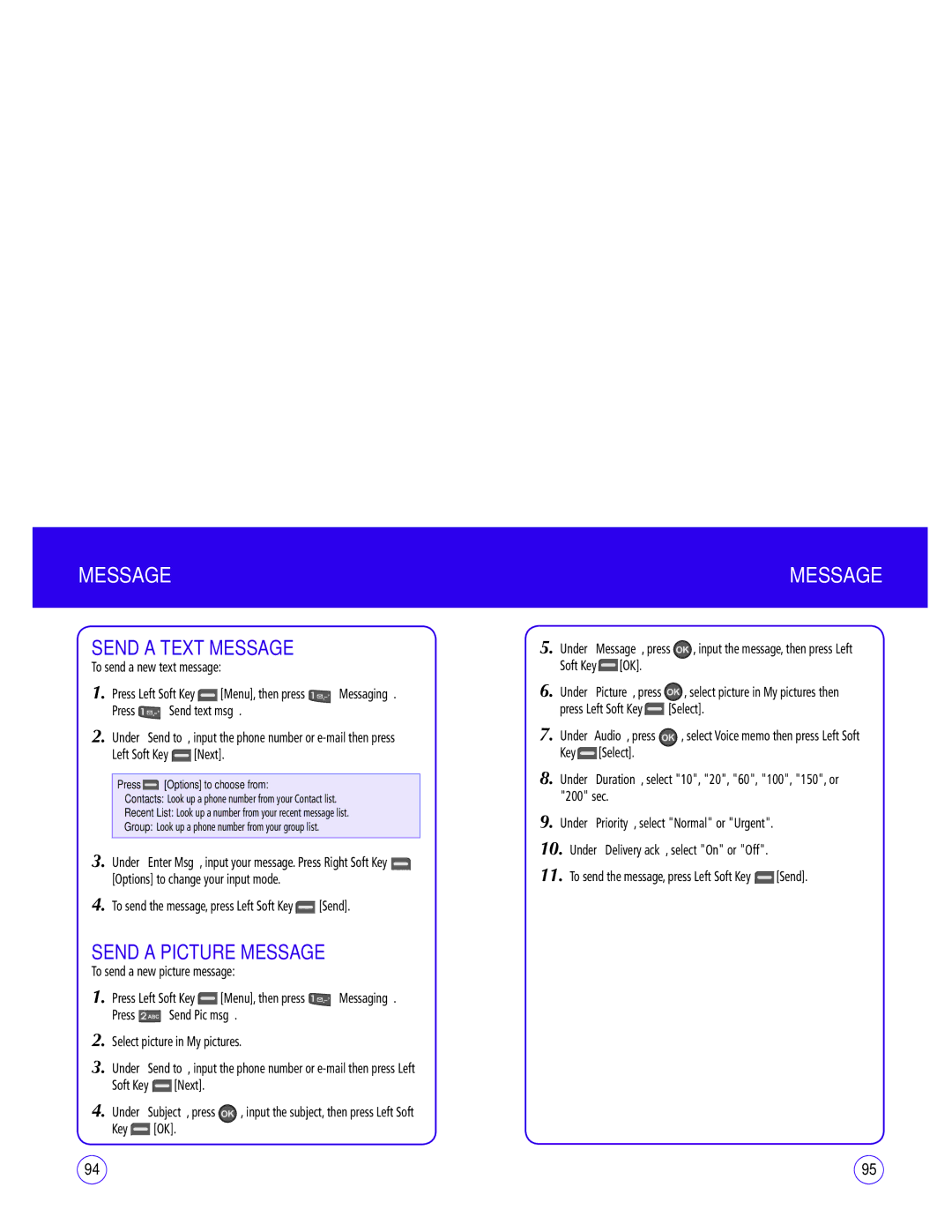 UTStarcom CDM1450 Send a Text Message, Send a Picture Message, To send the message, press Left Soft Key Send, Soft Key OK 