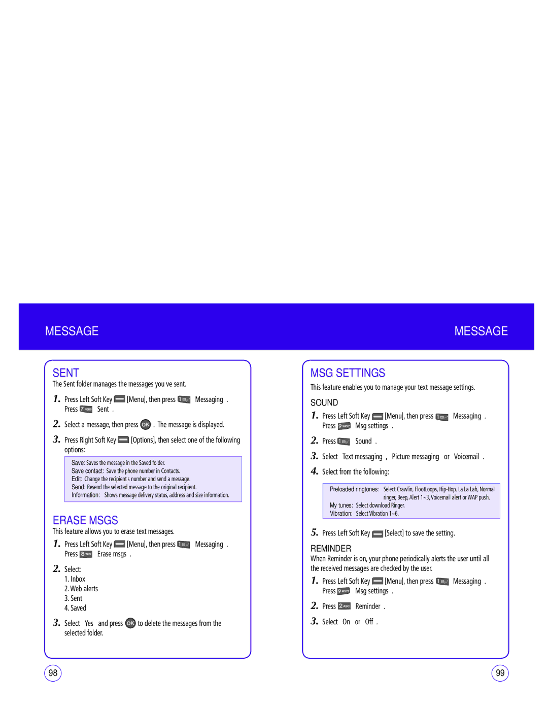 UTStarcom CDM1450 manual Sent, Erase Msgs, MSG Settings 