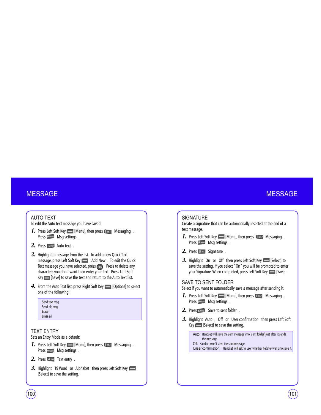 UTStarcom CDM1450 manual Save to Sent Folder, 101, Press Msg settings Press Signature 