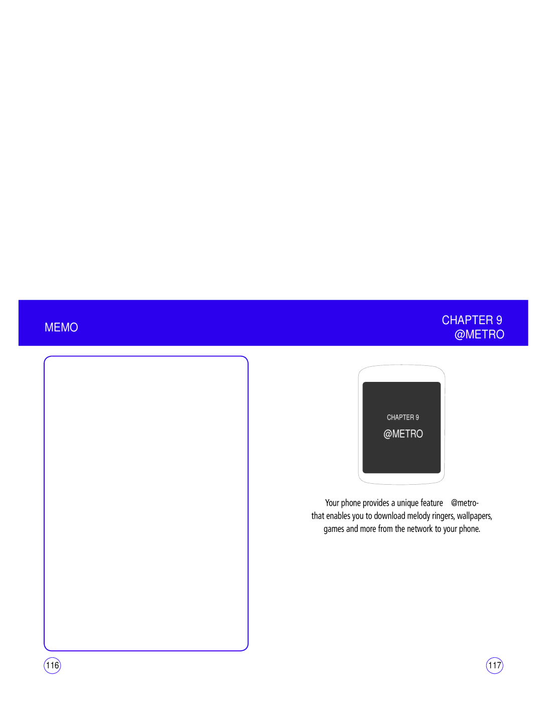 UTStarcom CDM1450 manual Chapter Memo @METRO, @Metro, 117, That enables you to download melody ringers, wallpapers 