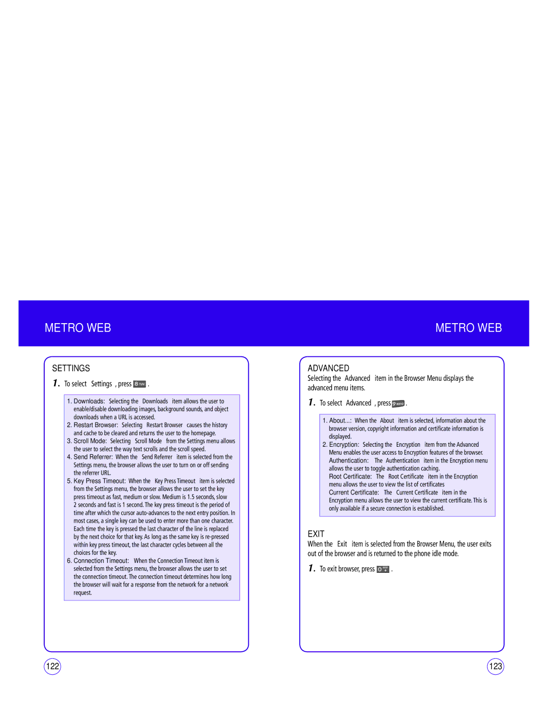 UTStarcom CDM1450 manual Exit, 123, To select Settings, press, To exit browser, press 