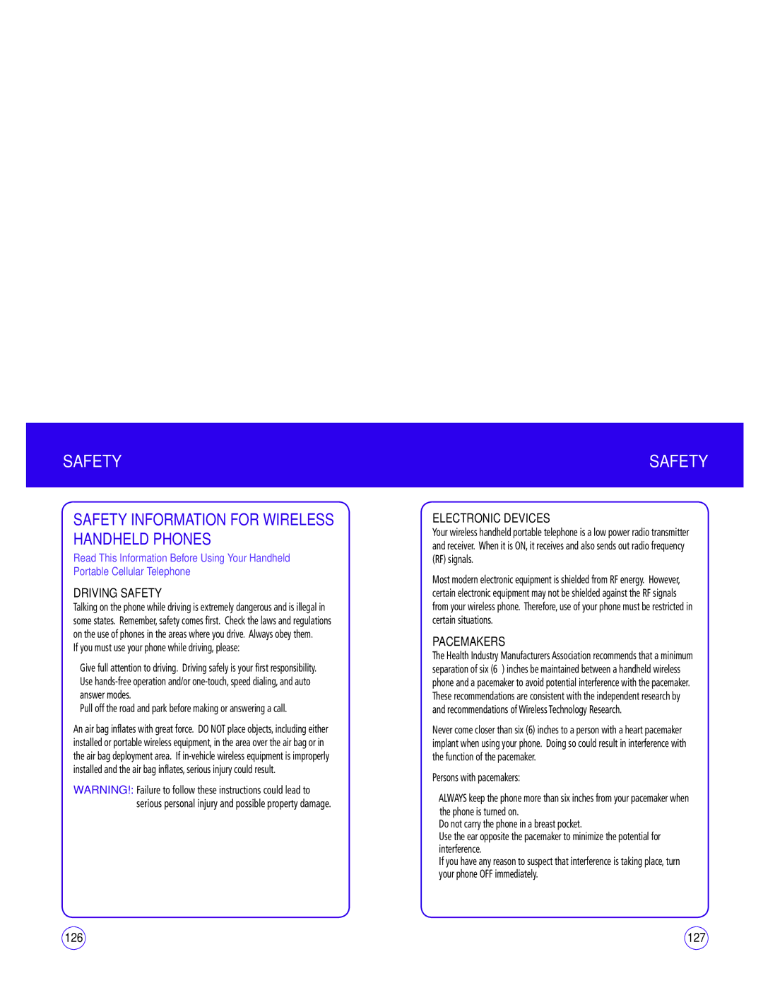 UTStarcom CDM1450 Safety Information for Wireless Handheld Phones, Driving Safety, Electronic Devices, Pacemakers 