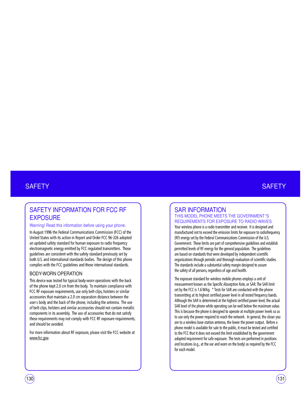 UTStarcom CDM1450 manual Safety Information for FCC RF Exposure, SAR Information, BODY-WORN Operation, 131 