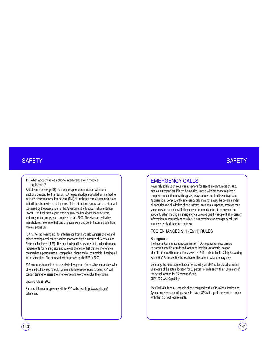 UTStarcom CDM1450 manual Emergency Calls, FCC Enhanced 911 E911 Rules, 141, Background 