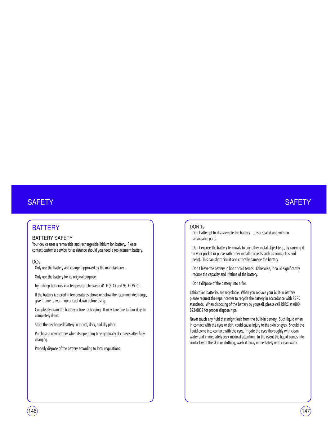 UTStarcom CDM1450 manual Battery Safety, 147, DOs, DON’Ts 