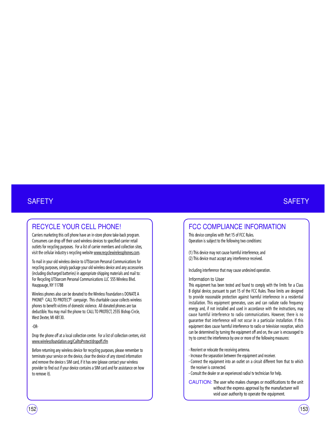 UTStarcom CDM1450 manual Recycle Your Cell Phone, FCC Compliance Information, 153, Information to User 