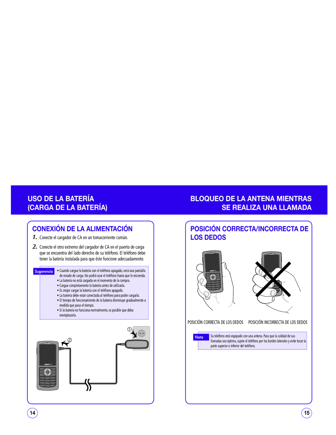 UTStarcom CDM1450 manual Conexión DE LA Alimentación, USO DE LA Batería Carga DE LA Batería 