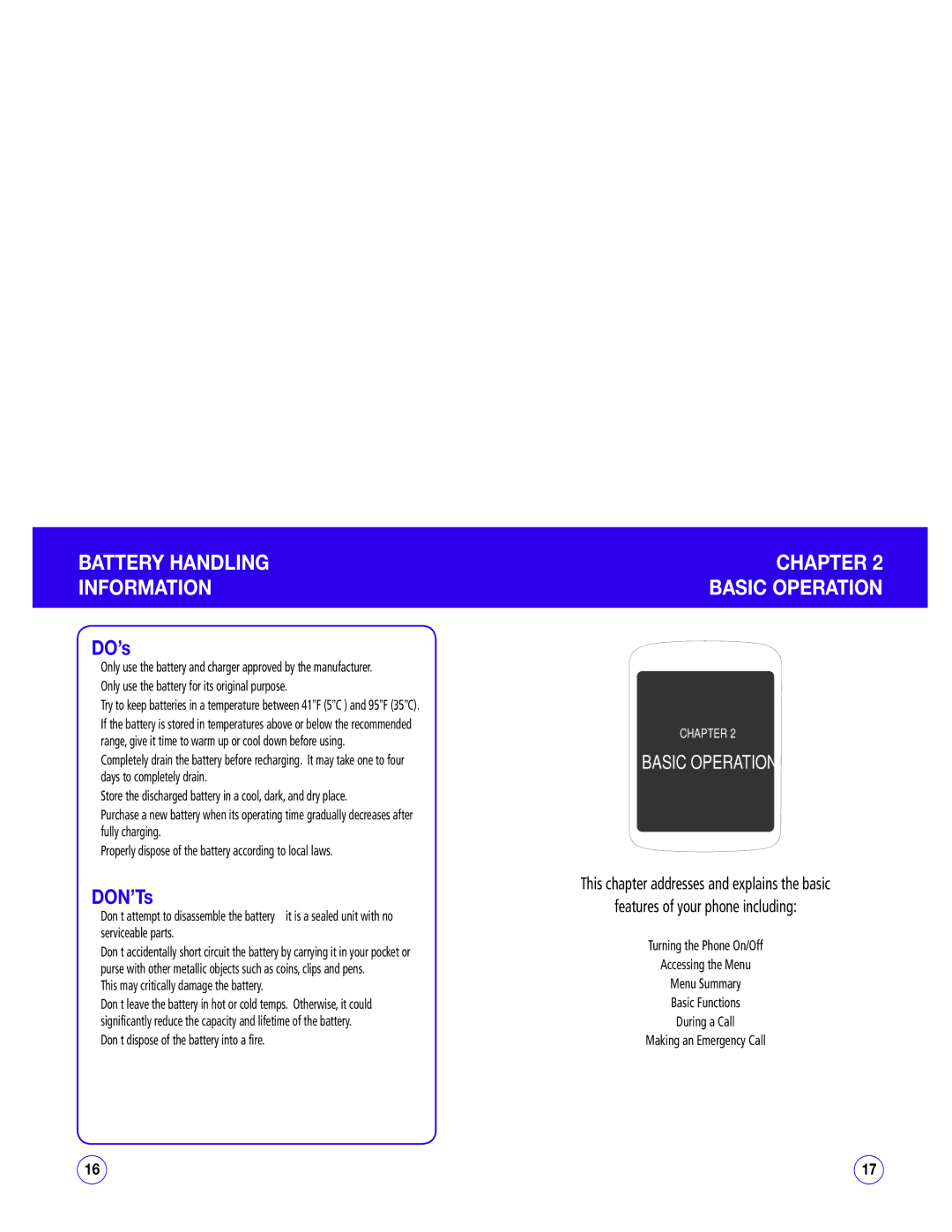 UTStarcom CDM1450 manual Battery Handling Information, Chapter Basic Operation, This may critically damage the battery 