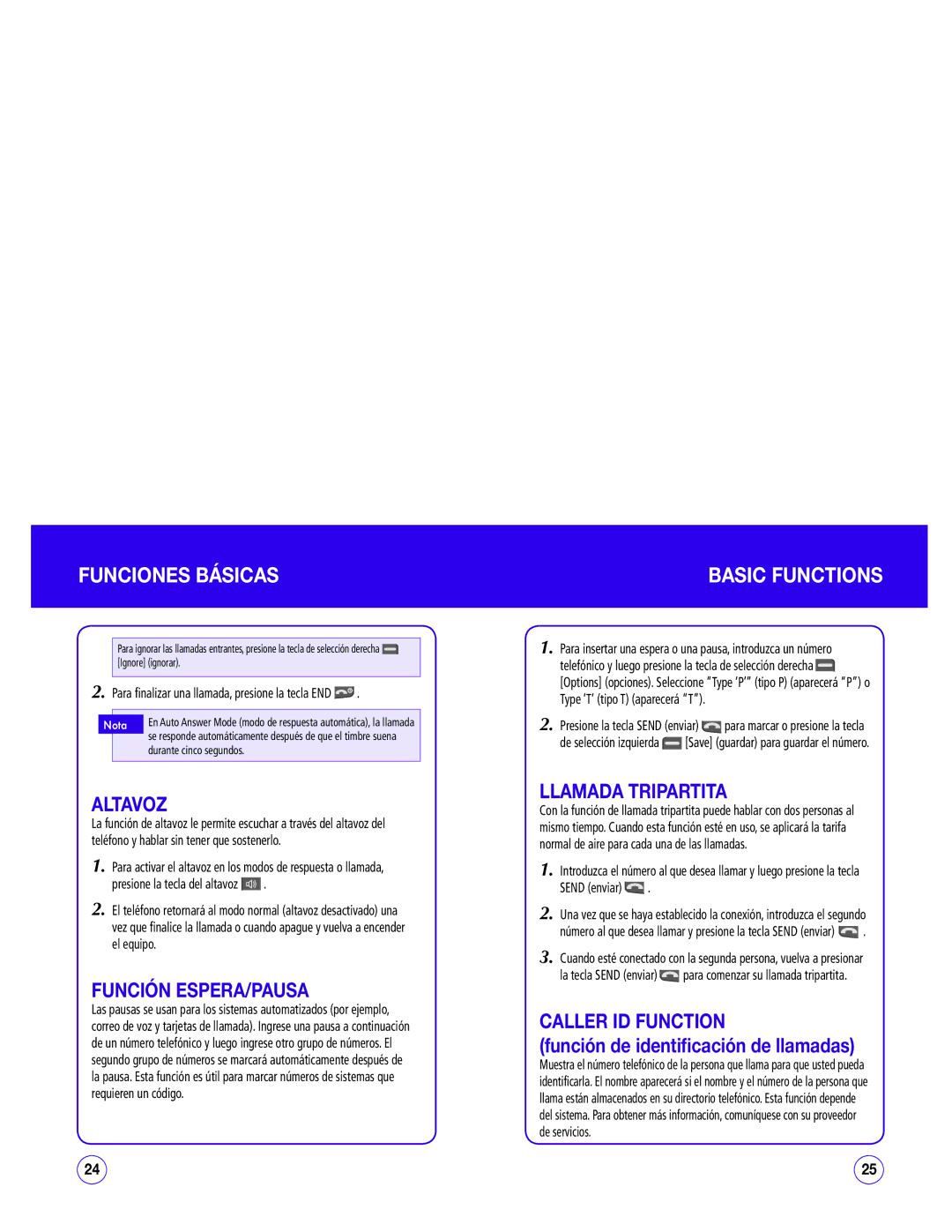 UTStarcom CDM1450 manual Altavoz, Función ESPERA/PAUSA, Llamada Tripartita, Send enviar 