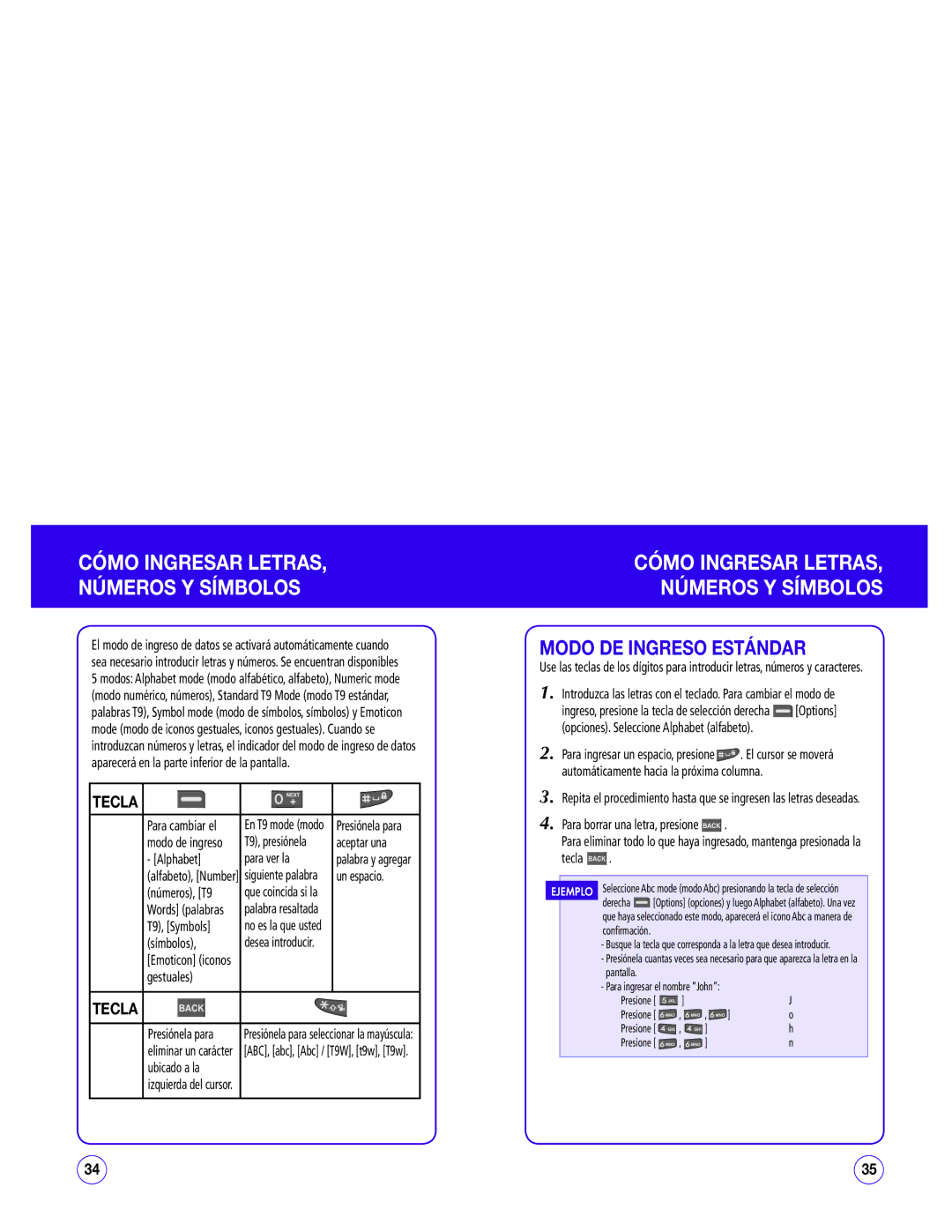 UTStarcom CDM1450 manual Cómo Ingresar Letras Números Y Símbolos, Modo DE Ingreso Estándar, Tecla 