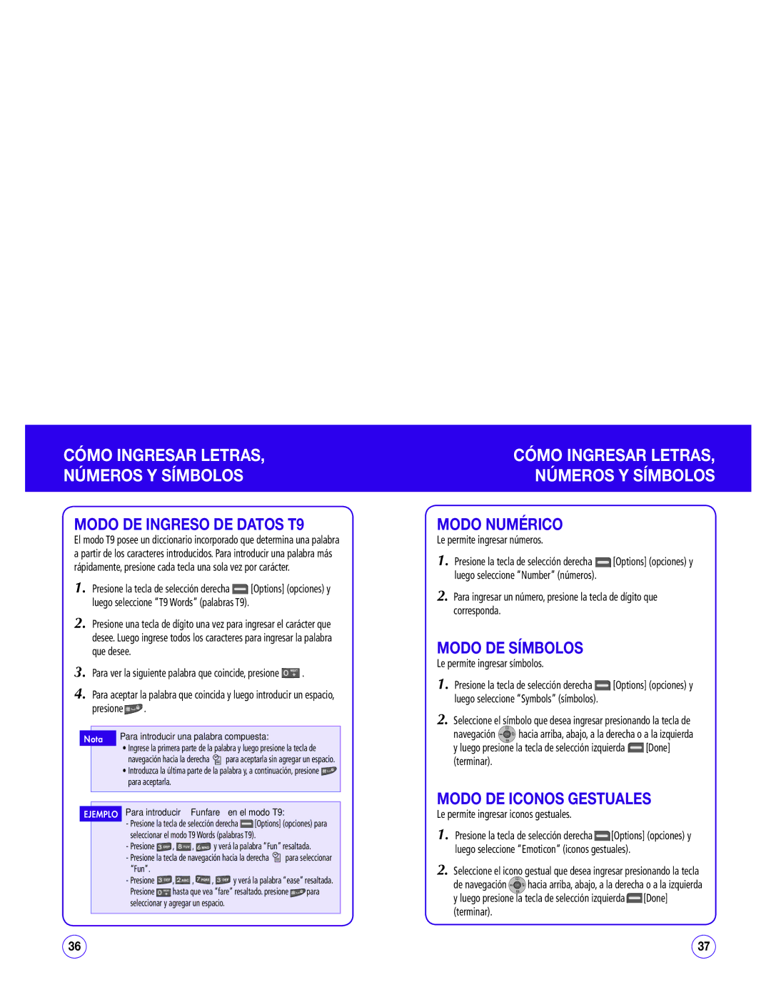 UTStarcom CDM1450 manual Modo DE Ingreso DE Datos T9, Modo Numérico, Modo DE Símbolos, Modo DE Iconos Gestuales 