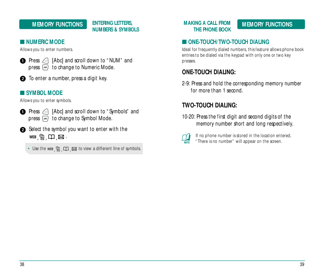 UTStarcom CDM8915 manual ONE-TOUCH Dialing, Numeric Mode, Symbol Mode, ONE-TOUCH/TWO-TOUCH Dialing 