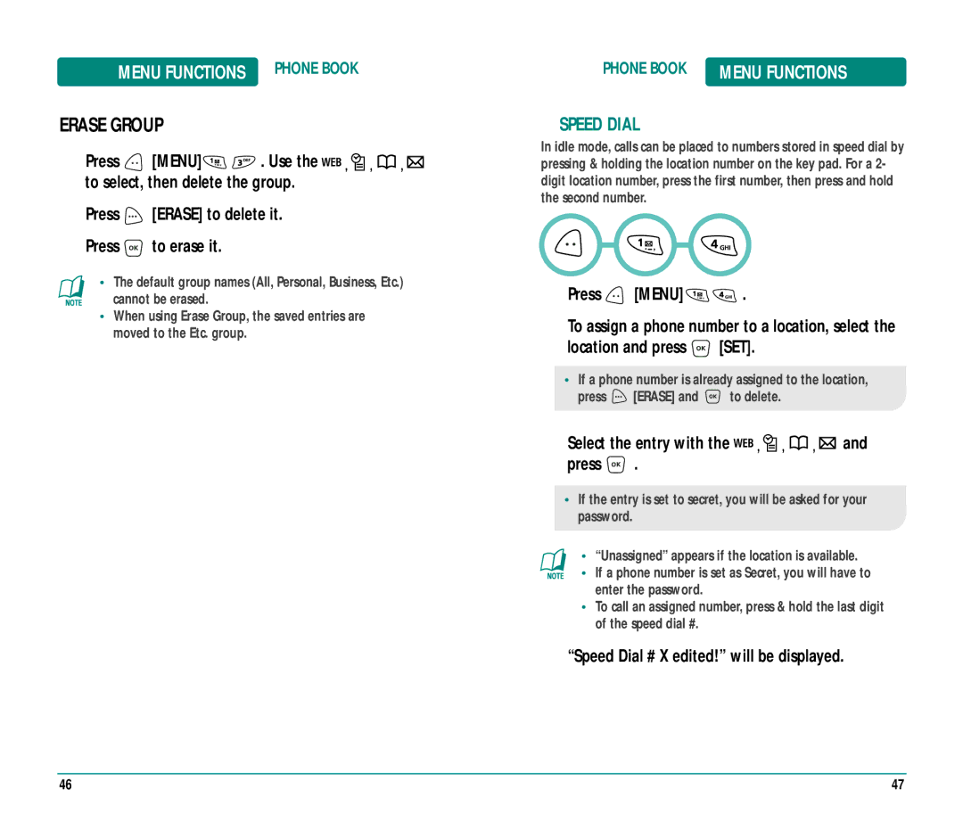 UTStarcom CDM8915 manual Erase Group, Select the entry with the and press, Speed Dial # X edited! will be displayed 