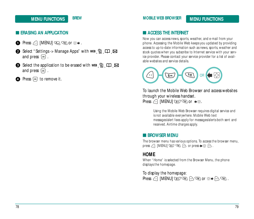 UTStarcom CDM8915 Home, Erasing AN Application, Access the Internet, Browser Menu, To display the homepage Press Menu or 