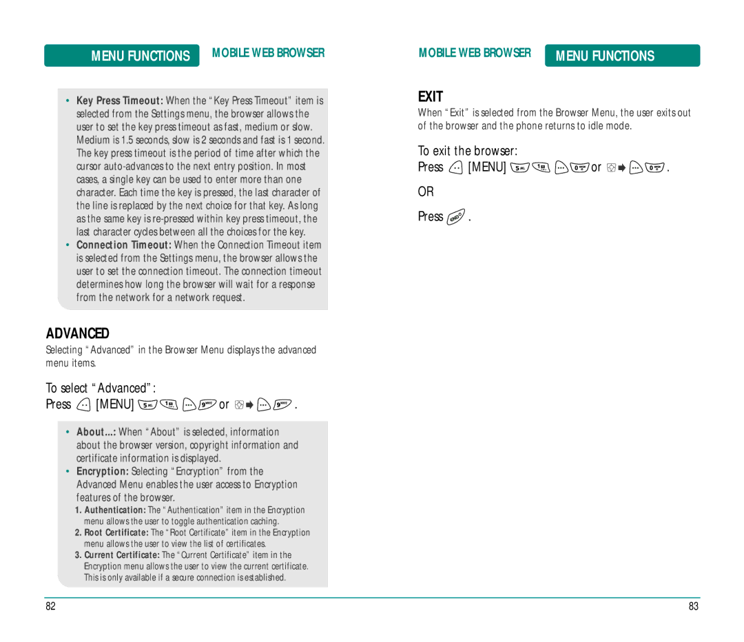 UTStarcom CDM8915 manual Exit, To select Advanced Press Menu or, To exit the browser Press Menu or 