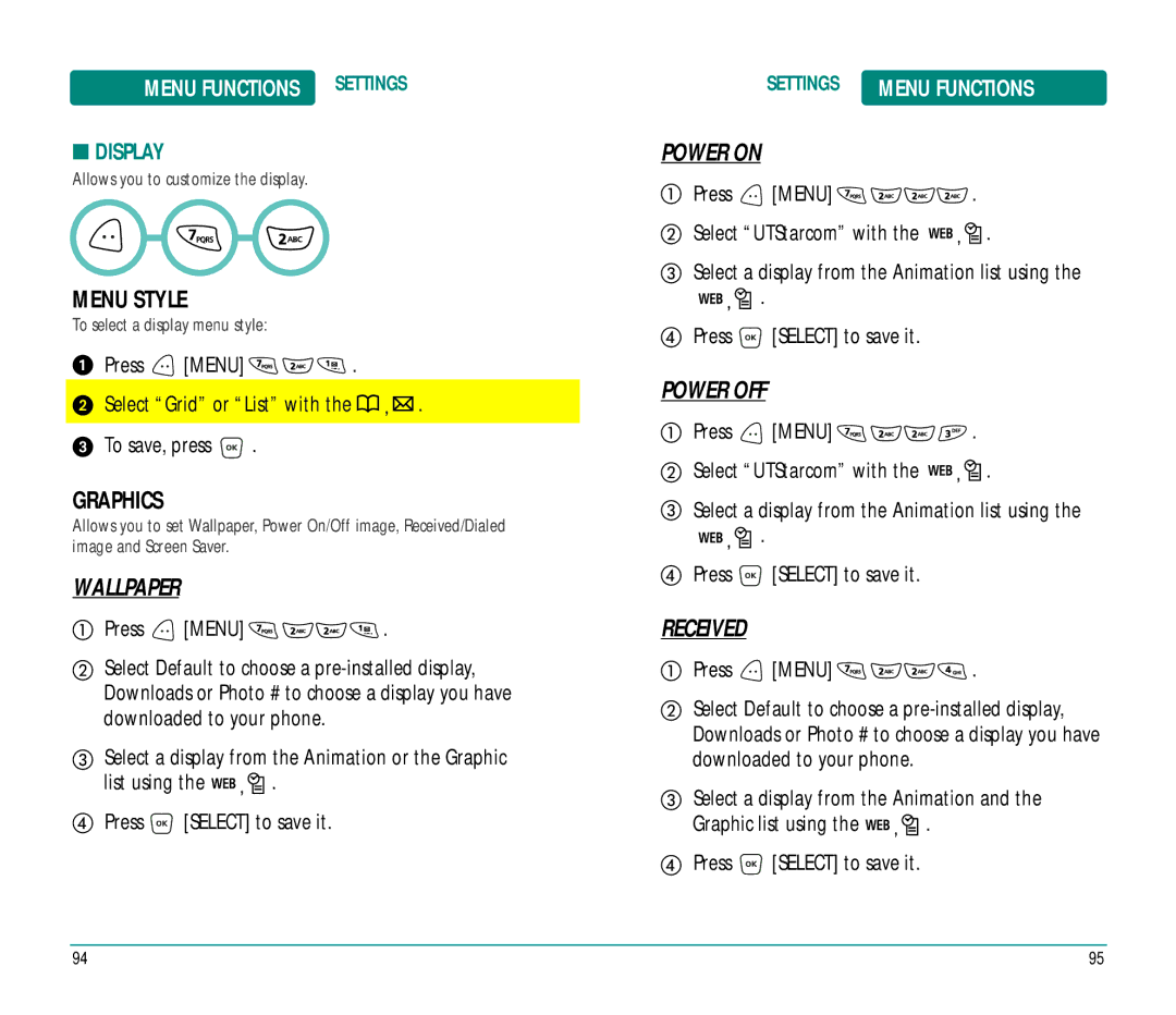 UTStarcom CDM8915 manual Menu Style, Wallpaper, Power on, Power OFF, Received 