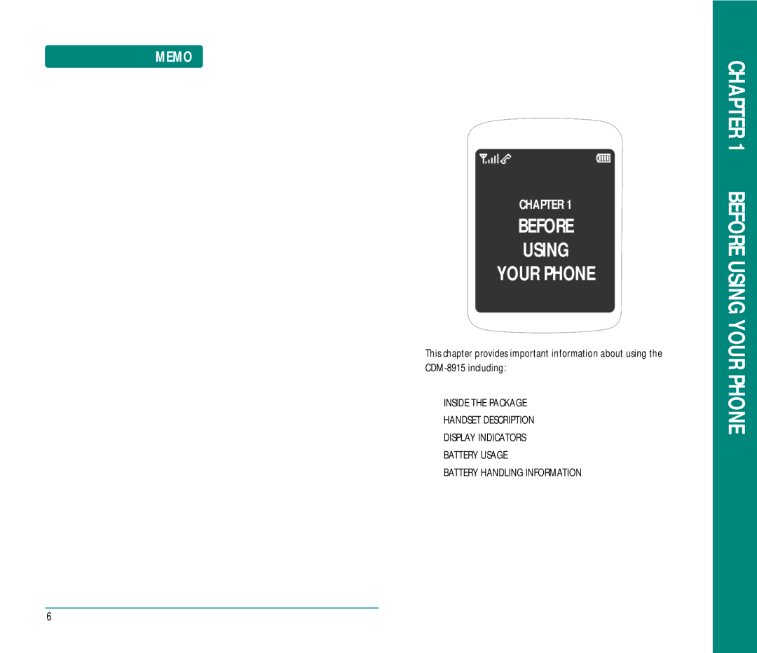 UTStarcom CDM8915 manual Before Using Your Phone, Memo 