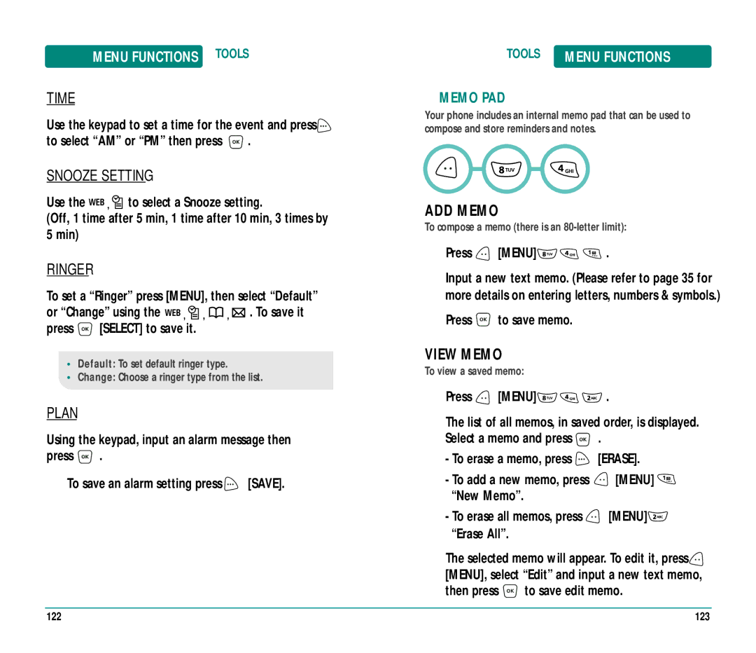 UTStarcom CDM8915 manual Snooze Setting, ADD Memo, View Memo, Memo PAD, Press to save memo 