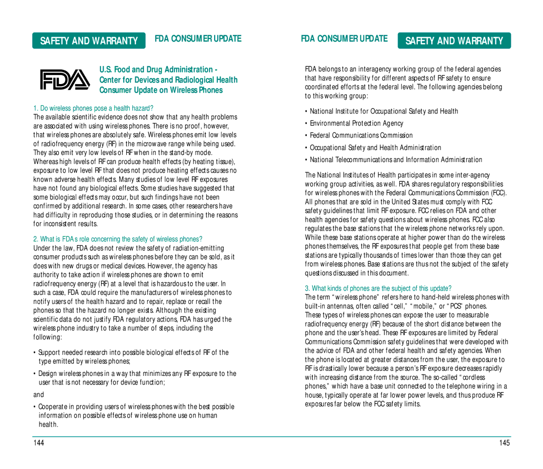 UTStarcom CDM8915 manual Safety and Warranty FDA Consumer Update, Do wireless phones pose a health hazard? 